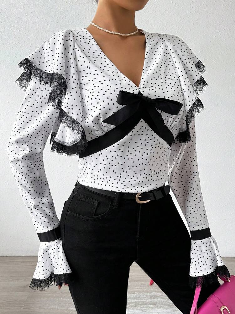 Polka Dot Print Shirt With Lace & Contrast Ruffle Trim And Bow Tie For Women