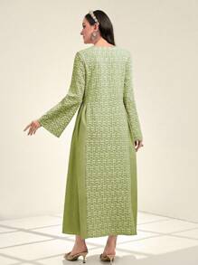 Al Najma Women's Floral Embossed Notched Collar Tape Detail Dress, Modest