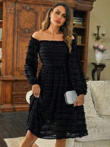 SHEIN Privé 女式露肩長袖連衣裙 - 黑色 - 查看 5