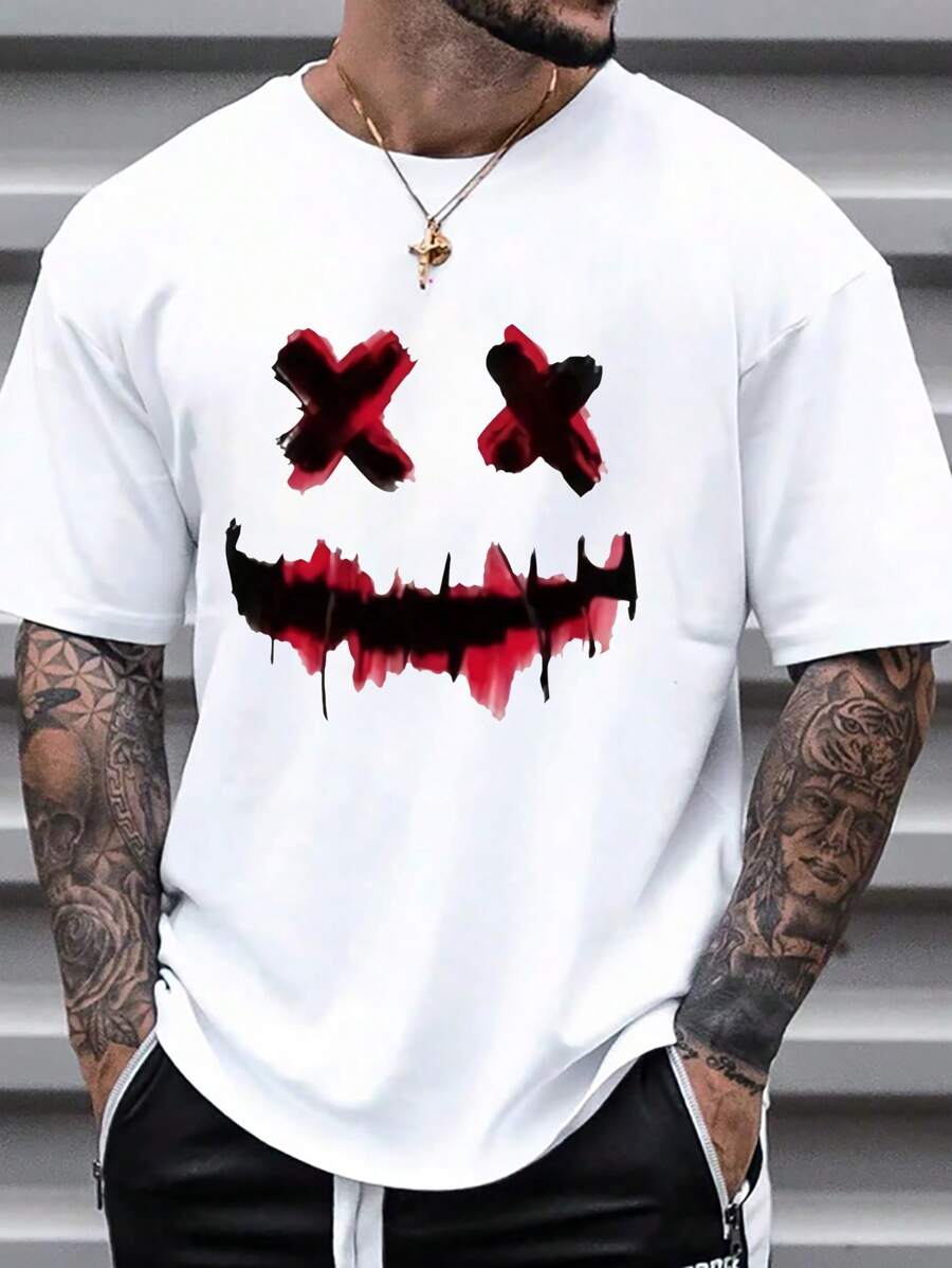 Manfinity Homme Men's Emoji Printed Round Neck T-Shirt - White - View 1