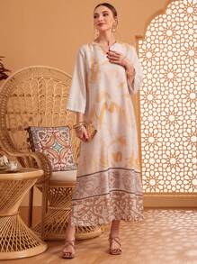 Al Najma Random Printed Notched Collar Dress - Apricot - View 6