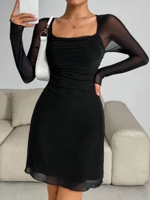 SHEIN Essnce Women's Square Neck Mesh Dress