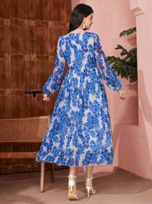 Mulvari Flower Print V Neck Elastic Waist Ruffle Hem Lantern Sleeve Dress - Multicolor - View 2