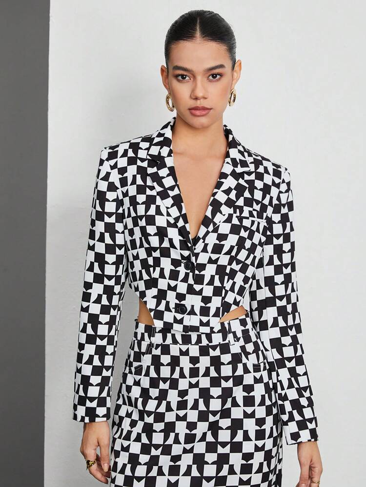 Women'S Geometric Printed Notch Lapel Single Breasted Blazer