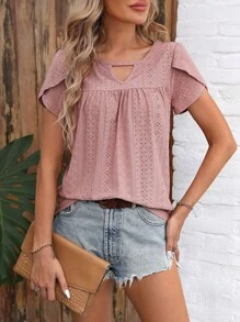 SHEIN LUNE Women's Ruffle Hem Puff Sleeve T-Shirt - Pink - View 6