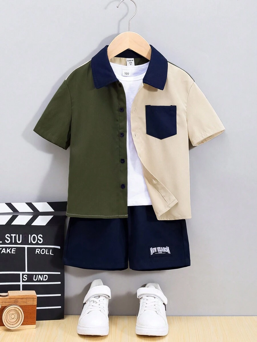Toddler Boys' Casual Coordinated Woven Patchwork Color-Blocking Turn-Down Collar Shirt And Shorts Set