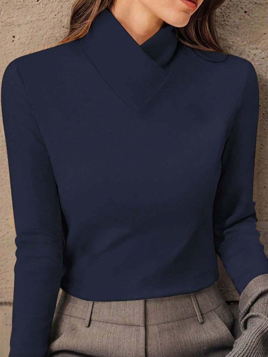 SHEIN Privé Solid Color Long Sleeve T-Shirt - Navy Blue - View 1