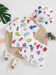 SHEIN Baby Boys' Cartoon Printed Casual Shirt, Hat And Shorts 3pcs Set - Blue and White - View 1