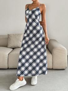 SHEIN Essnce Plaid Cami Long Casual Spring Dress - Blue - View 3