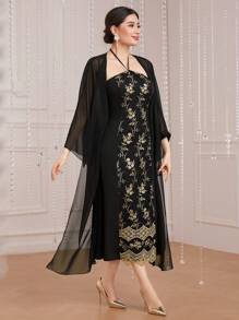 Modelyn 女士花卉刺繡露背連衣裙和夾克兩件套 - 黑色 - 查看 5