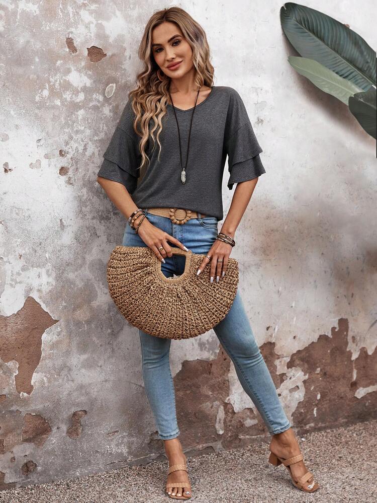 Women's Double Layer Ruffled Hem Short Sleeve T-Shirt