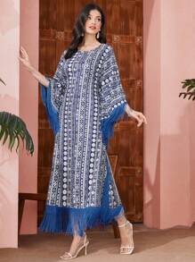 Al Najma Printed Fringe Decor Batwing Sleeve Dress, Modest Kaftan - Blue - View 5