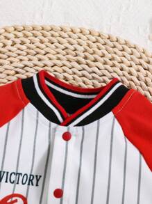 SHEIN Unisex Baby Letter Print Color Block Short Sleeve Bodysuit With Shoulder Detail - Red and White - View 5