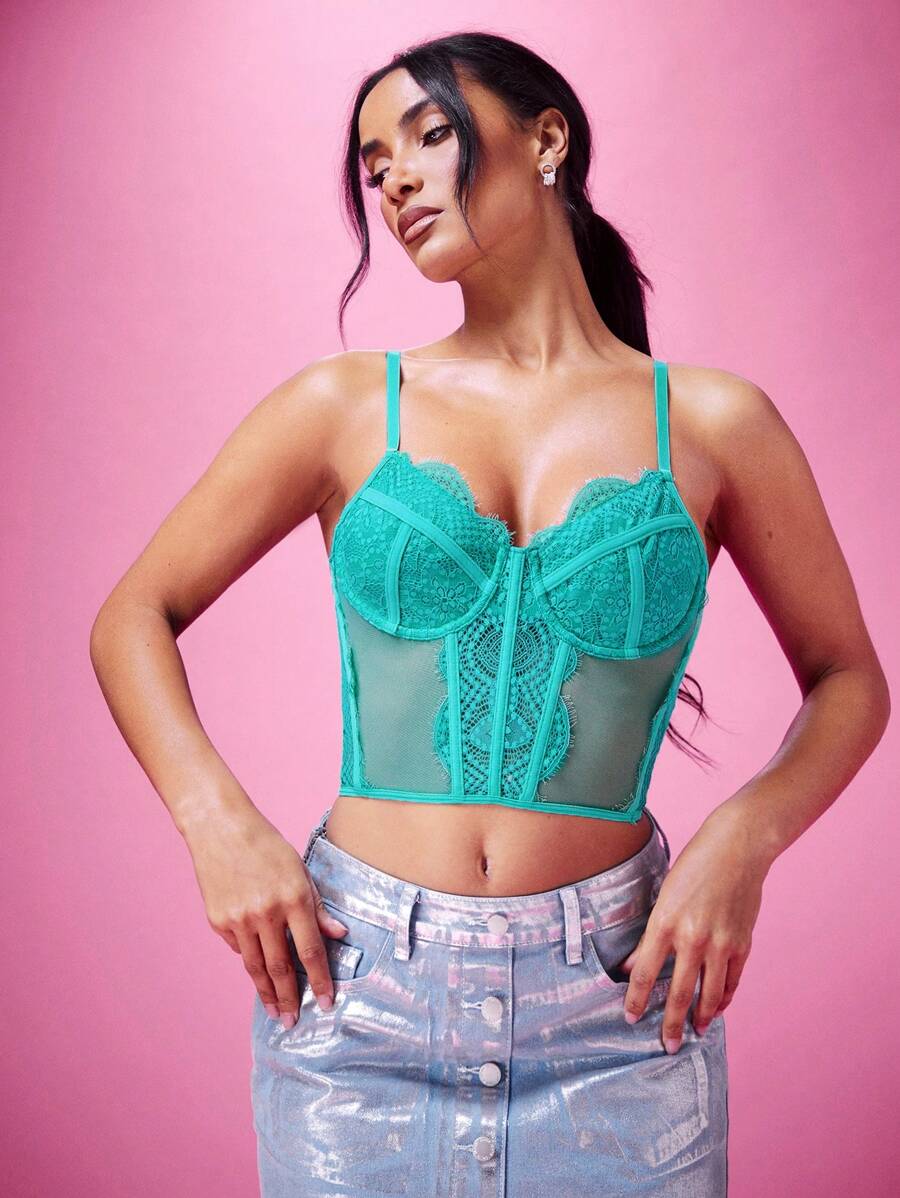 SHEIN BAE 女士鱼骨形紧身胸衣透明网眼撞色吊带背心 - 綠色 - 查看 1