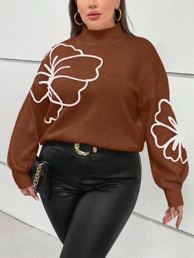 Plus Size Women's Embroidered Floral Turtleneck Sweater With Long Sleeves In Fall/Winter
