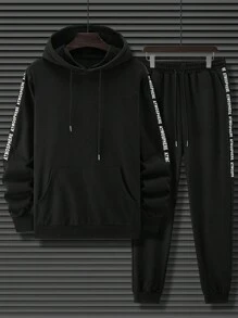 Manfinity Homme Nam Lá thư In áo có mũ Dây rút Áo nỉ Và Quần Bộ - màu đen - Xem 3