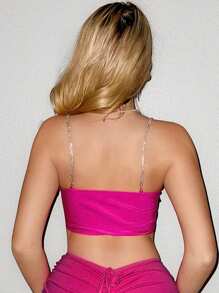 Sweetina Pha lê Chuỗi Viền bất đối xứng Quần skinny Áo ba lỗ Áo - Hồng - Xem 2