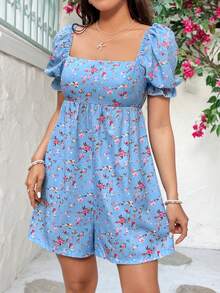 Soleia 女款花卉印花方領連身短褲 - 藍色 - 查看 3