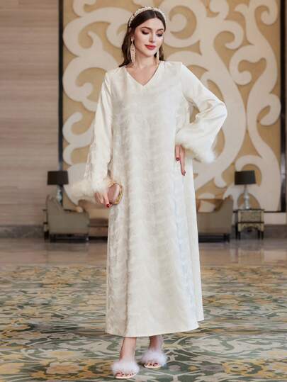 Al Najma Women's Modest Long Sleeve Jacquard Dress With Furry Cuffs