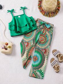 SHEIN Young Girl Solid Color Spaghetti Strap Top And Printed Wide Leg Pants Two Piece Set - Multicolor - View 1