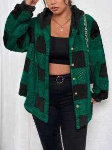 Flirla Plus Buffalo Plaid Print Hooded Flannel Coat