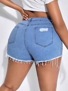 SHEIN SXY Women'S Plus Size Stretchy Tight Ripped High Waisted Denim Shorts