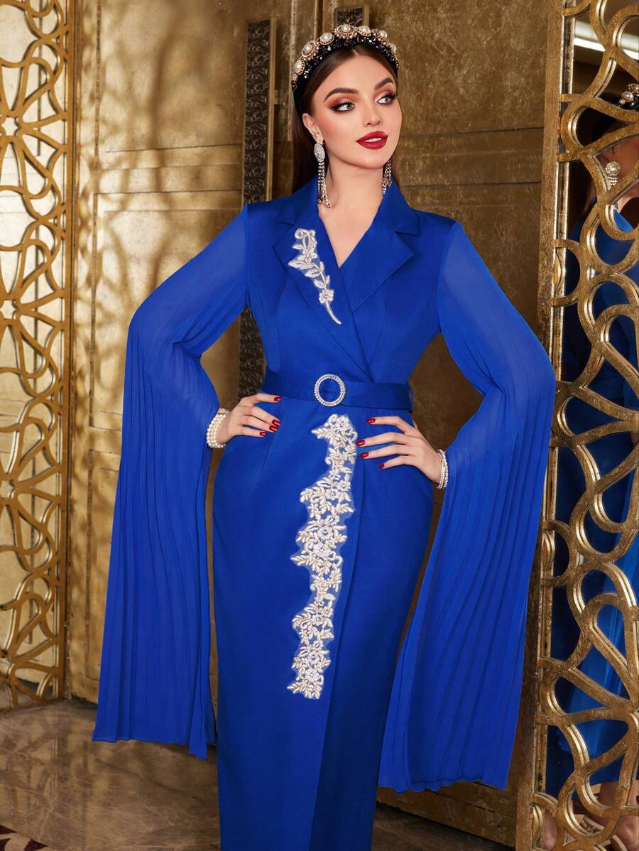 Modelyn فستان سهرة طويل مطرز زخرفي الأكمام عباءة غلاف ، فستان سهرة أنيق للمناسبات المسائية - الأزرق - مشاهدة 1