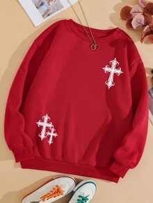 INAWLY Của phụ nữ Giải trí Vượt qua In Vòng cổ Áo nỉ - Đỏ - Xem 6