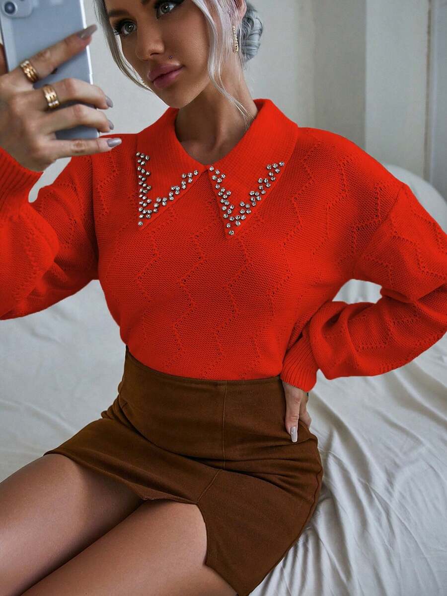 Chiquease Áo len Trang trí Với Kim cương giả - Đỏ - Xem 1