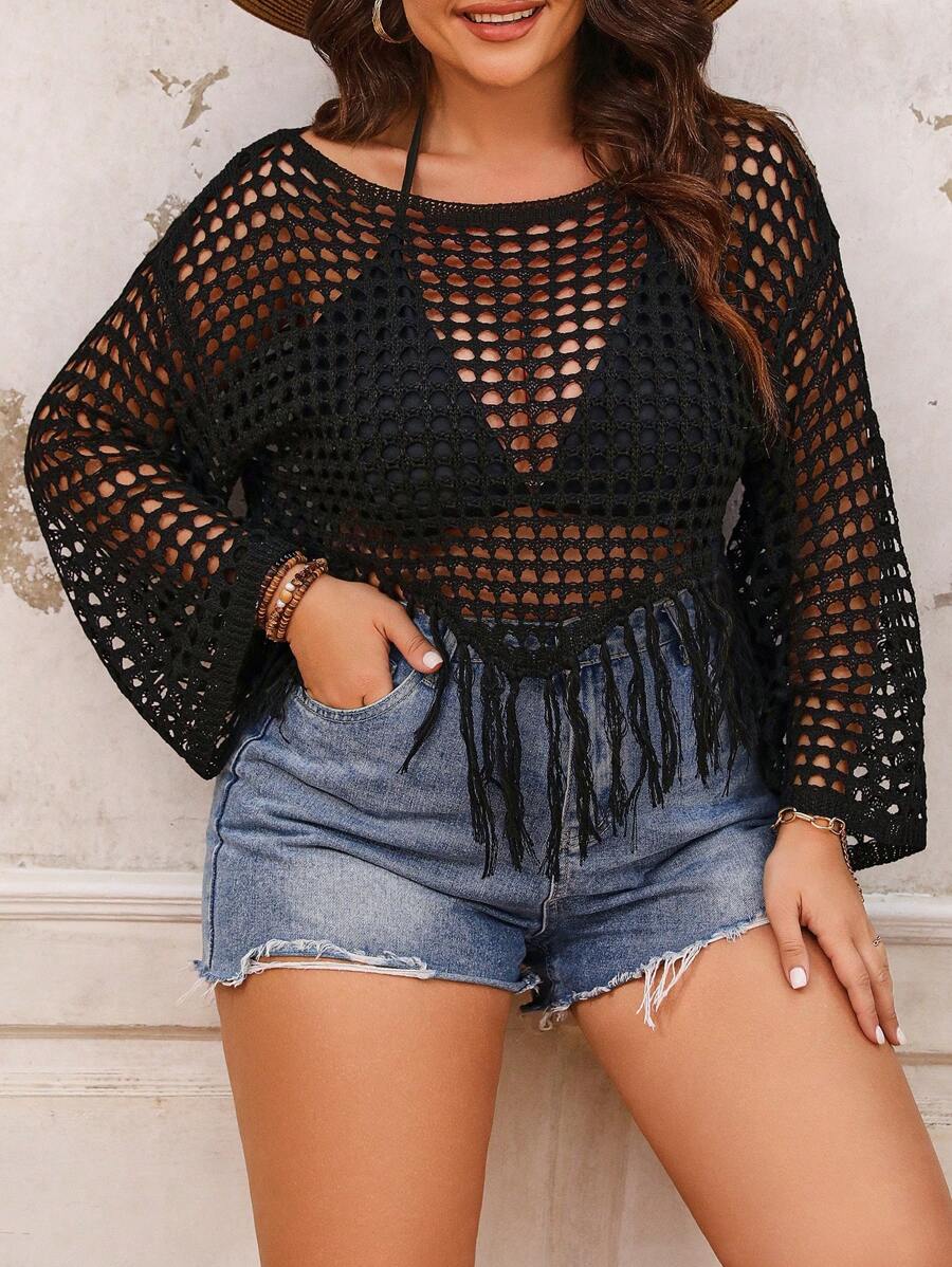SHEIN Holidaya Áo len dệt kim tua rua trơn cỡ lớn cho nữ - màu đen - Xem 1