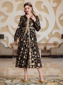Modelyn Women's Full Printed Lace Splice Dress Long Evening Dresses