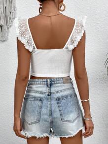 SHEIN VCAY Women'S Embroidered Mesh Cami Crop Top With Ruffle Straps