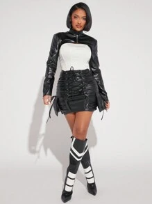 Hauture Lace Up Ruched Side PU Leather Skirt - Black - View 6