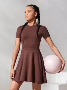 SHEIN Teen Girls' Sleeveless Knit Solid Back Hole Detail Sport Jumpsuit With Anti-Lighting Shorts