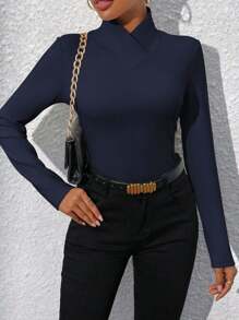 SHEIN Privé Solid Color Long Sleeve T-Shirt - Navy Blue - View 5