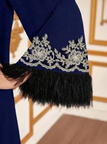 Al Najma Tassel Patchwork Half High Collar Dress Kaftan Jalabiya Dress - Royal Blue - View 3