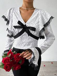 SHEIN Privé Camisa De Lunares Estampada Con Encaje, Ribete De Volantes En Contraste Y Lazada Para Mujeres - Blanco - Ver 5