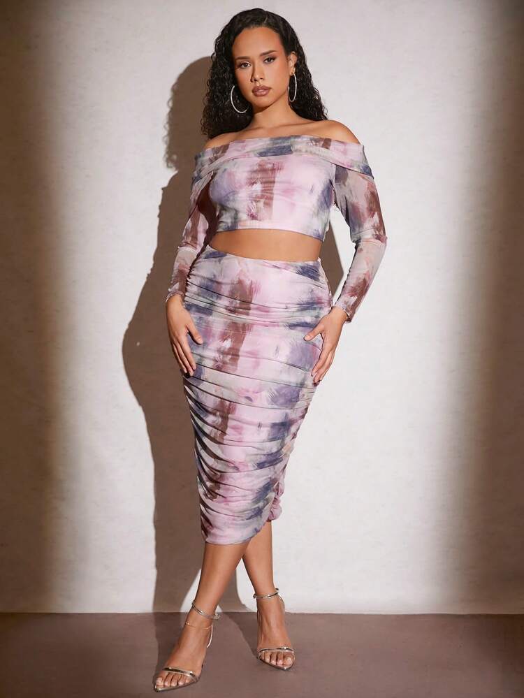 Women's Plus Size Mesh Printed Pleated Elastic Bodycon Skirt