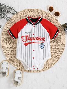 SHEIN Unisex Baby Letter Print Color Block Short Sleeve Bodysuit With Shoulder Detail - Red and White - View 1