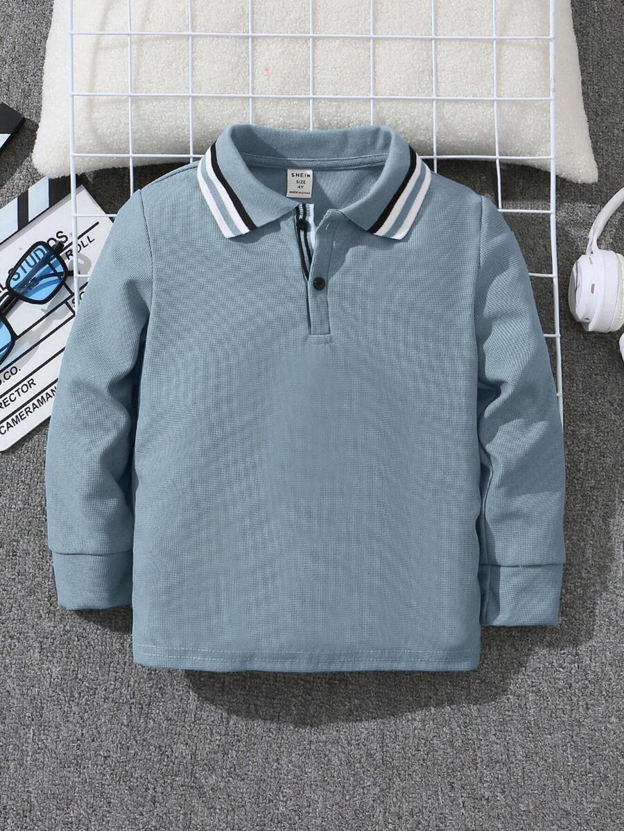 SHEIN Young Boy Comfortable And Loose Fit Knit Long Sleeve Polo Shirt - Blue - View 1