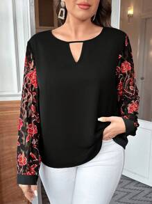 SHEIN Clasi Damen Übergröße Blumennetz Shirt Mit Keyhole-kragen - Schwarz - Übersicht 3