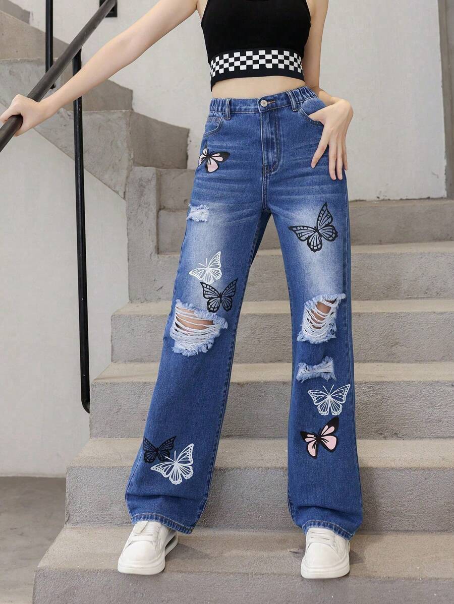 Teen Girls Butterfly Print Ripped Jeans,Holiday,Summer,Travel - Dark Wash - View 1