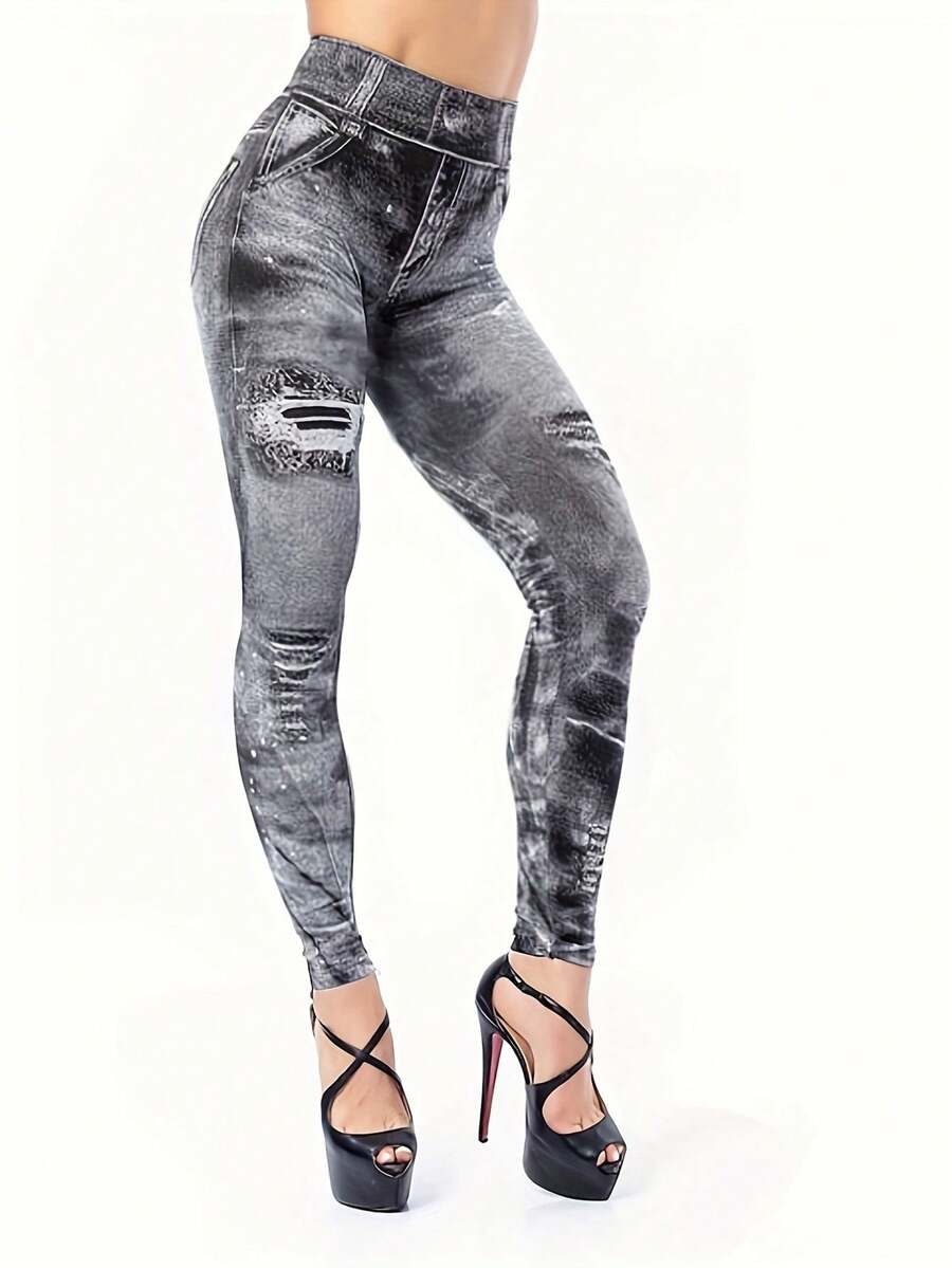 Plus Print Leggings High Waist Pants - Grey - View 1