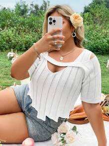 Flirla Plus Size Fashionable Knit Hollow Out Top With Unique Design - White - View 7