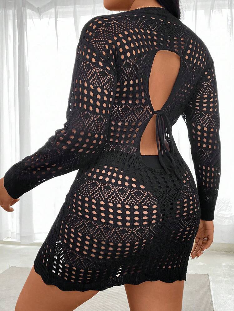 Women's Plus Size Solid Color Hollow Out Knitted Bodycon Sweater Dress With Lace-Up Design