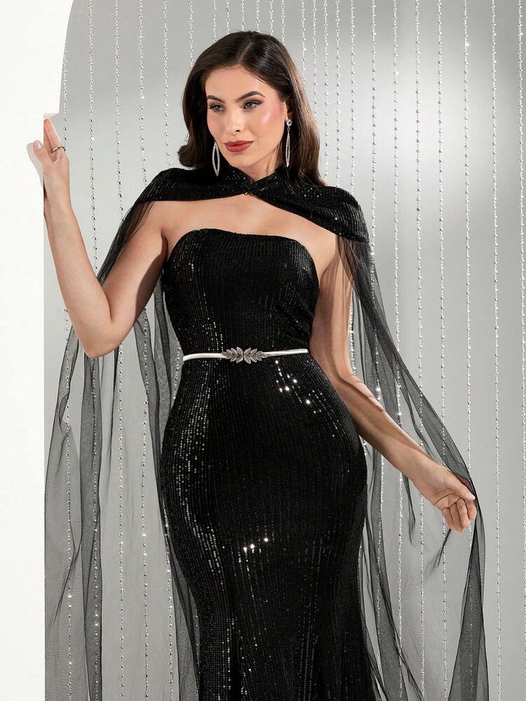 Women'S Glitter Strapless Mermaid Hem Dress And Mesh Contrast Coat 2pcs/Set 2 Piece Set