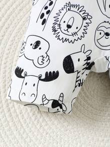 SHEIN Bộ đồ liền thân thoải mái và bộ quần short vải thô in hình động vật dễ thương cho bé trai sơ sinh cho mùa hè - Đen và trắng - Xem 4