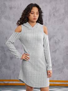 SHEIN Vestido Con Capucha Y Hombros Descubiertos Para Adolescentes - Gris - Ver 3