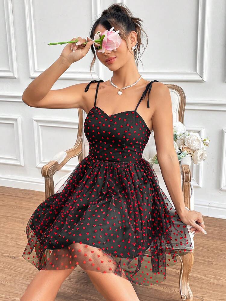 Women's Heart Print Mesh Cami Dress