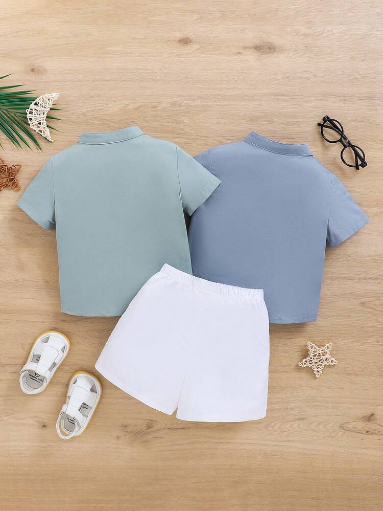 Baby Boys' Stand Collar Half-Button Casual Top And Shorts Set